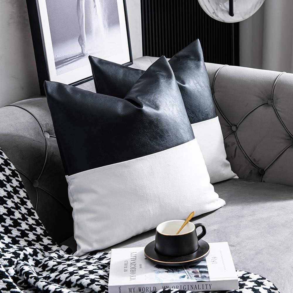 Faux Leather with 100% Cotton Decorative Throw Pillow Covers for Couch Bed Sofa, Set of 2 18 X 18 Inch Modern Home Decor Accent Square Bedroom Living Room Cushion Cases Cognac, Black and White