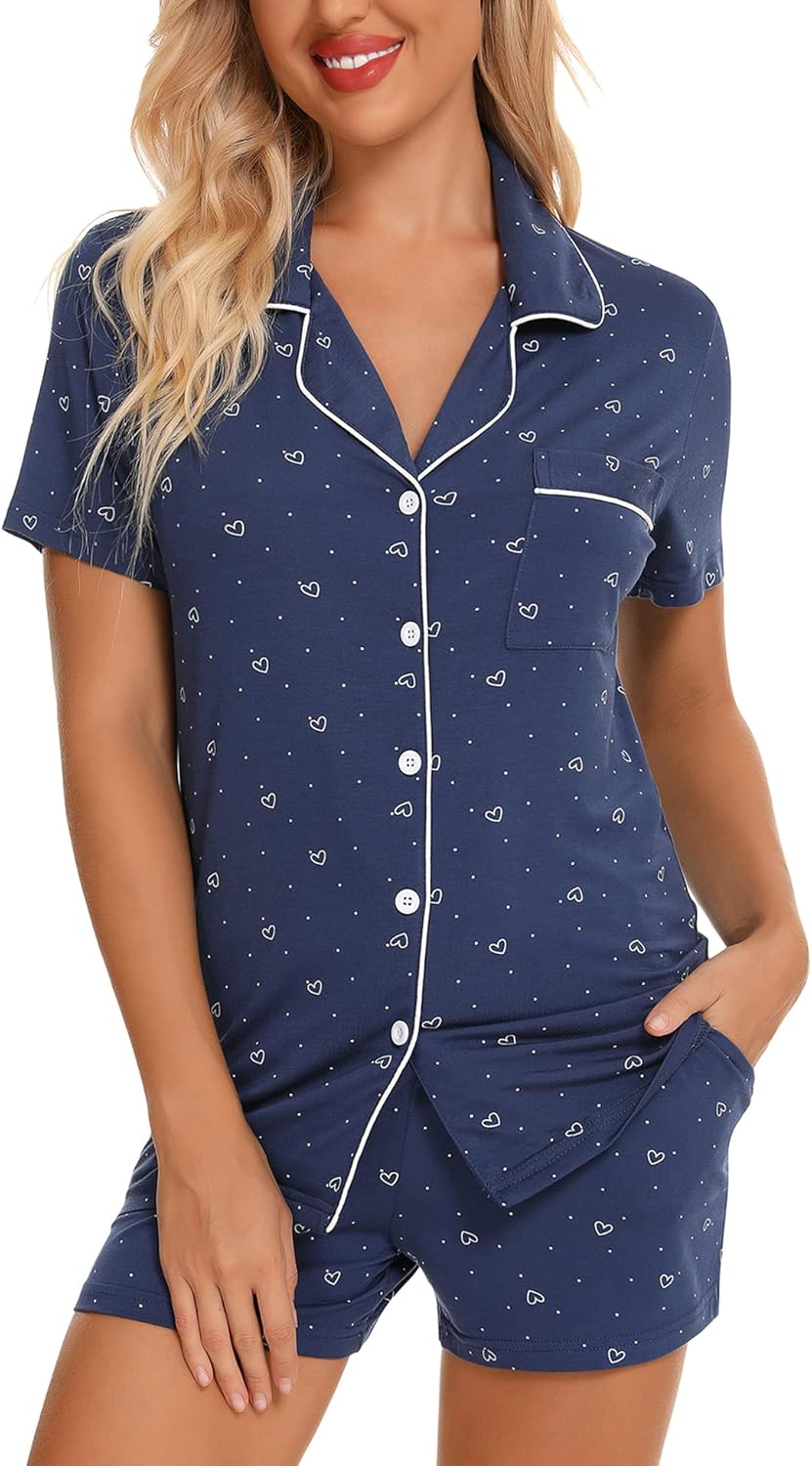 Womens Pajamas Set Short Sleeve Sleepwear Button down Nightwear Shorts Soft Pj Sets S-XXL