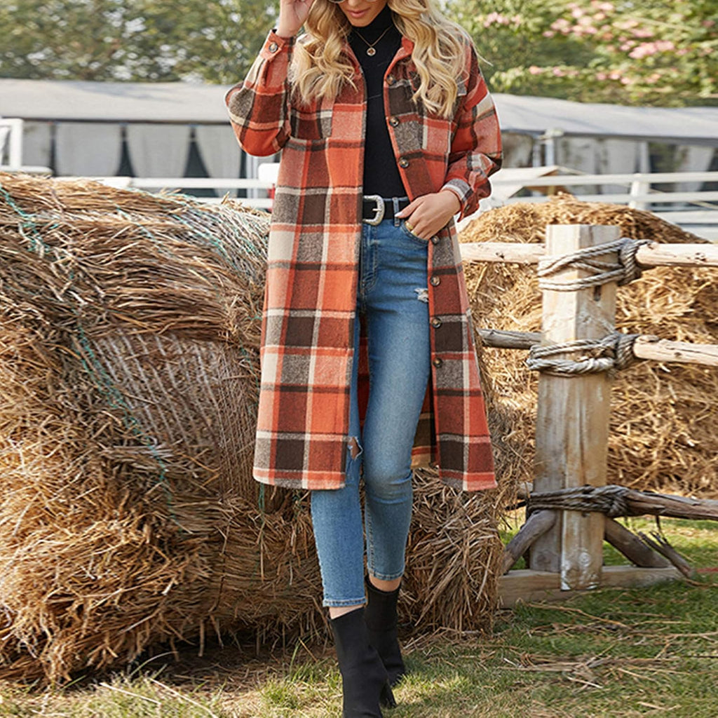 Women'S Casual Wool Blend Long Plaid Shirt Jacket Button down Pocketed Shirt Shacket