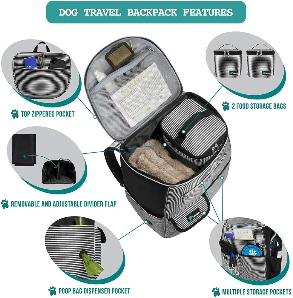 Dog Travel Backpack, 27L Airline Approved Pet Supplies Organizer with 2 Food Containers, 2 Collapsible Bowls & Poop Bag Dispenser, Weekend Road Trip Camping Dog Mom Gift, Stripe Black VeloxCorner