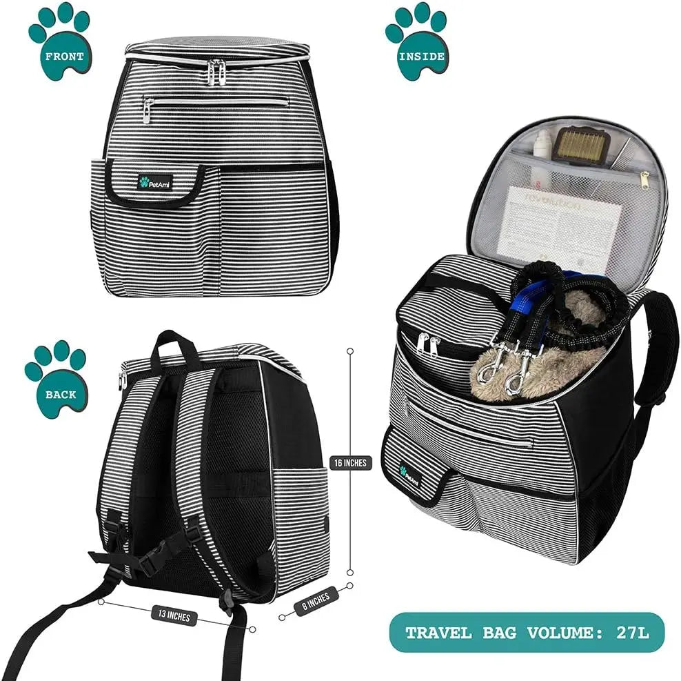Dog Travel Backpack, 27L Airline Approved Pet Supplies Organizer with 2 Food Containers, 2 Collapsible Bowls & Poop Bag Dispenser, Weekend Road Trip Camping Dog Mom Gift, Stripe Black VeloxCorner
