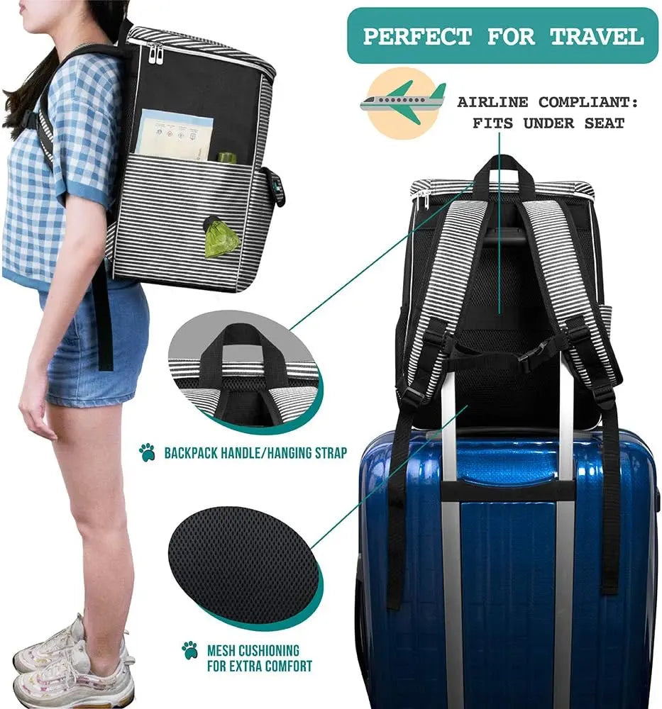 Dog Travel Backpack, 27L Airline Approved Pet Supplies Organizer with 2 Food Containers, 2 Collapsible Bowls & Poop Bag Dispenser, Weekend Road Trip Camping Dog Mom Gift, Stripe Black VeloxCorner