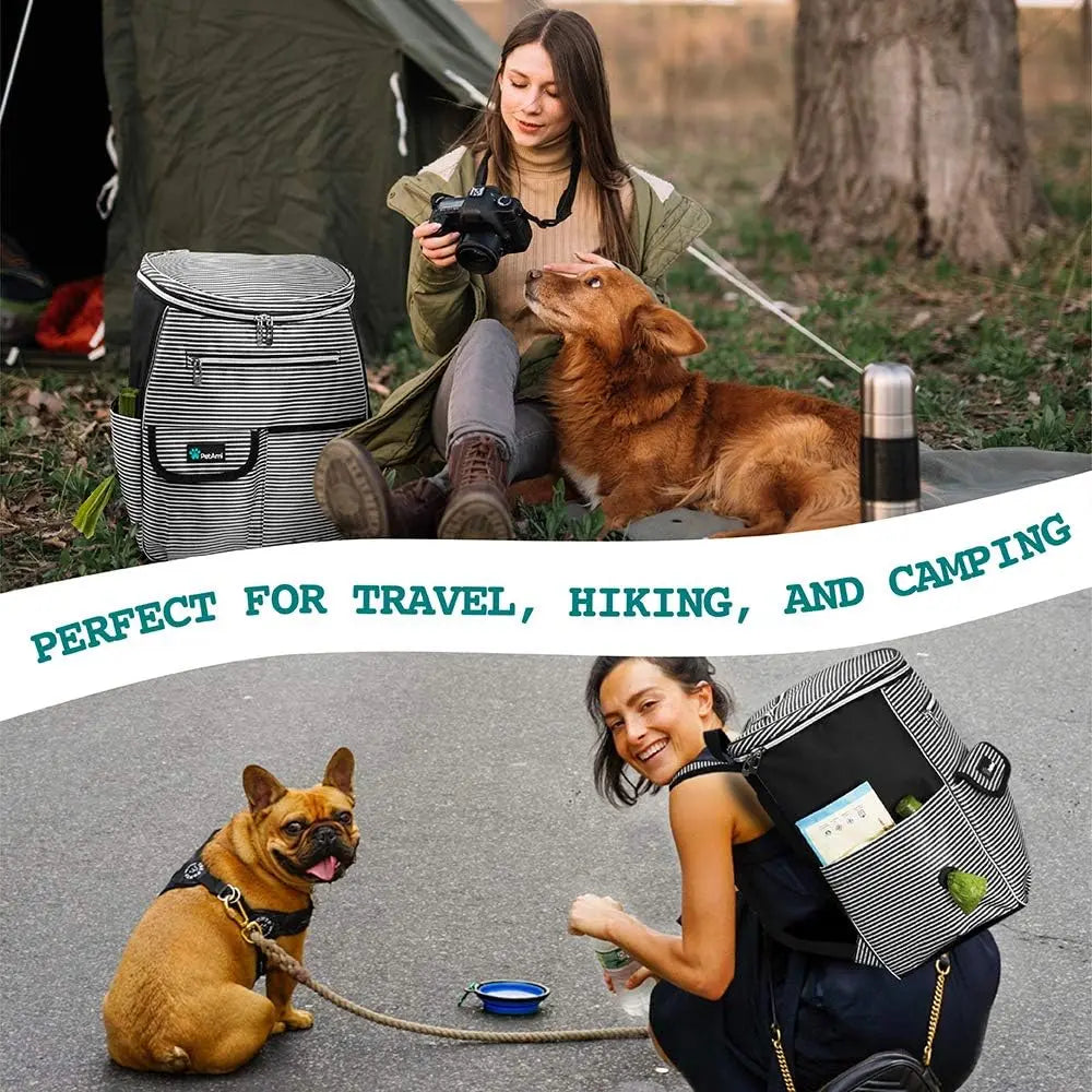 Dog Travel Backpack, 27L Airline Approved Pet Supplies Organizer with 2 Food Containers, 2 Collapsible Bowls & Poop Bag Dispenser, Weekend Road Trip Camping Dog Mom Gift, Stripe Black VeloxCorner