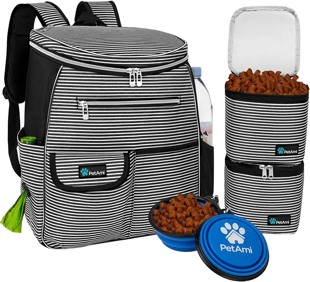 Dog Travel Backpack, 27L Airline Approved Pet Supplies Organizer with 2 Food Containers, 2 Collapsible Bowls & Poop Bag Dispenser, Weekend Road Trip Camping Dog Mom Gift, Stripe Black VeloxCorner