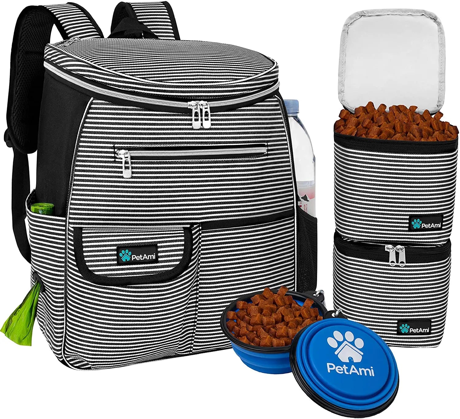 Dog Travel Backpack, 27L Airline Approved Pet Supplies Organizer with 2 Food Containers, 2 Collapsible Bowls & Poop Bag Dispenser, Weekend Road Trip Camping Dog Mom Gift, Stripe Black VeloxCorner